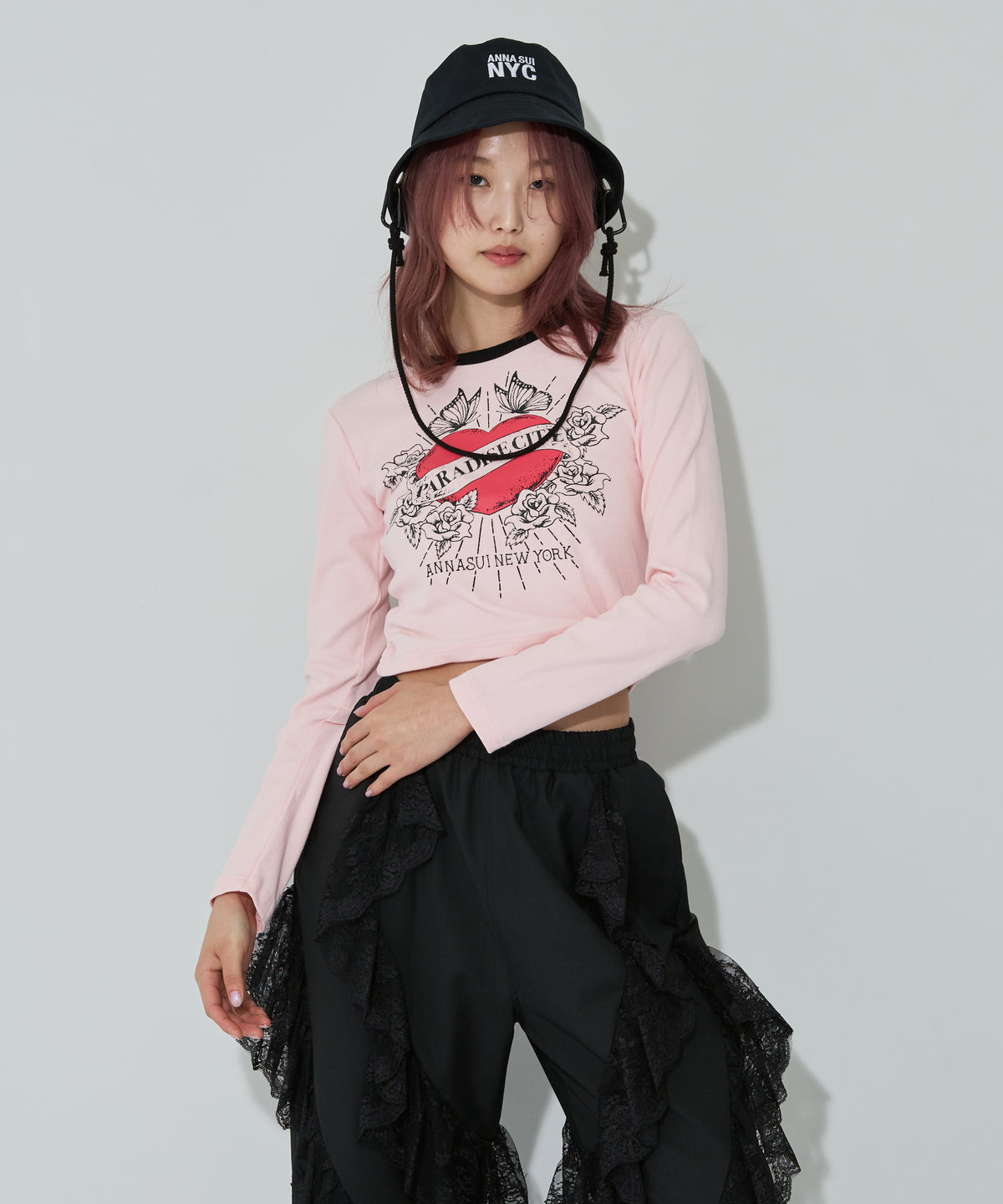 アナスイtシャツ ANNA SUI アナスイ 長袖Tシャツ M コットン BLK 古着 