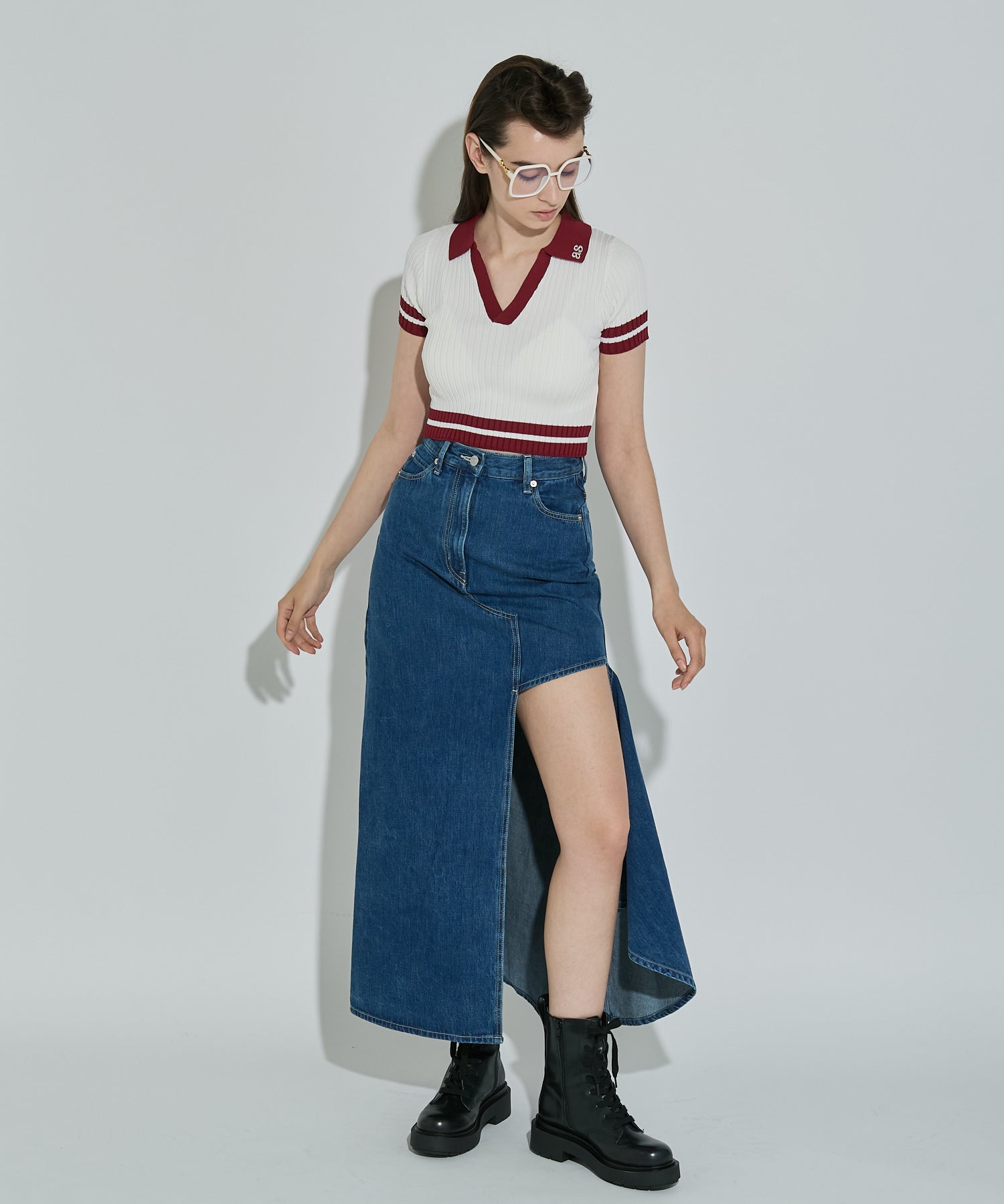 アシンメトリーカッティングヘムデニムロングスカート – ANNA